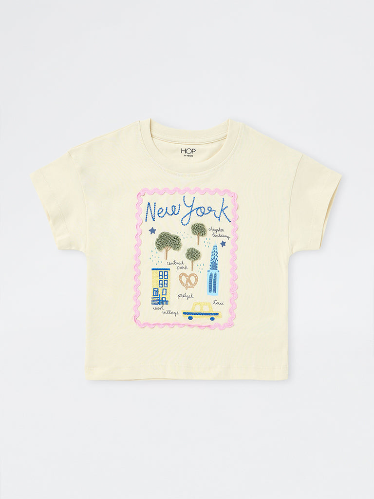 HOP Kids Girls Beige Cityscape Design Cotton T-Shirt