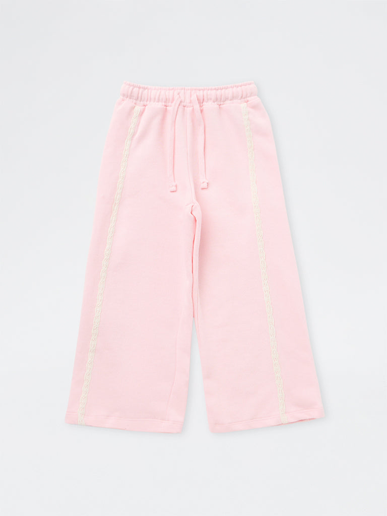 HOP Kids Girls Pink Lace Detailed High-Rise Cotton Trousers