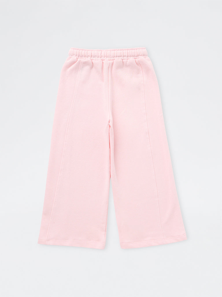 HOP Kids Girls Pink Lace Detailed High-Rise Cotton Trousers