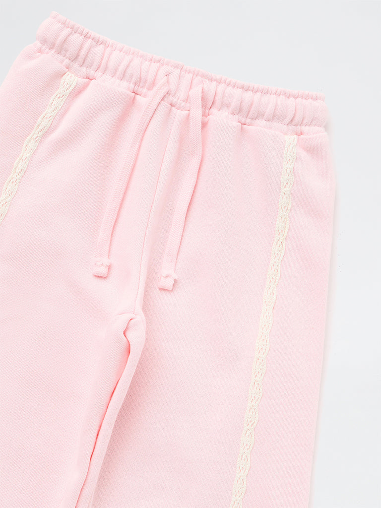HOP Kids Girls Pink Lace Detailed High-Rise Cotton Trousers
