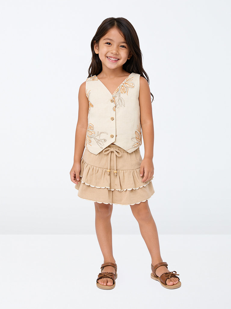HOP Kids Girls Beige Scalloped Tiered Cotton Skirt