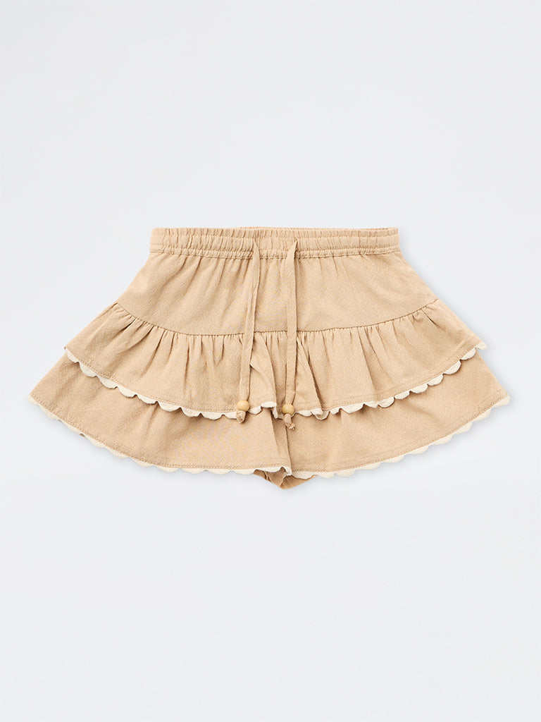 HOP Kids Girls Beige Scalloped Tiered Cotton Skirt