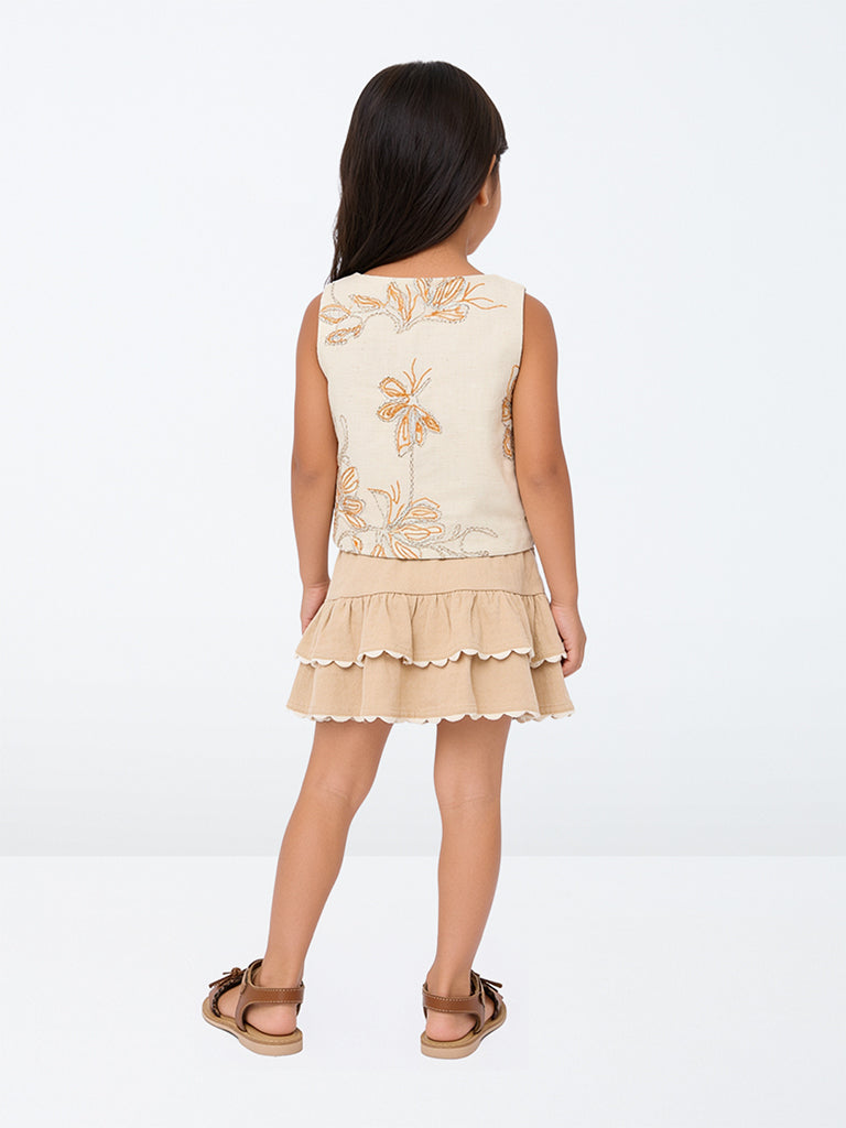 HOP Kids Girls Beige Scalloped Tiered Cotton Skirt
