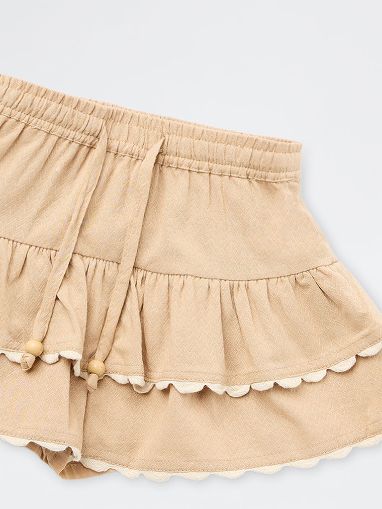 HOP Kids Girls Beige Scalloped Tiered Cotton Skirt
