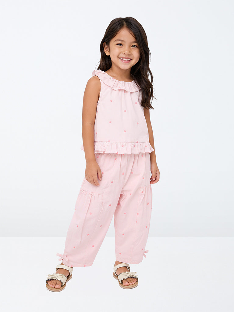 HOP Kids Girls Pink Heart Embroidered High-Rise Cotton Pants