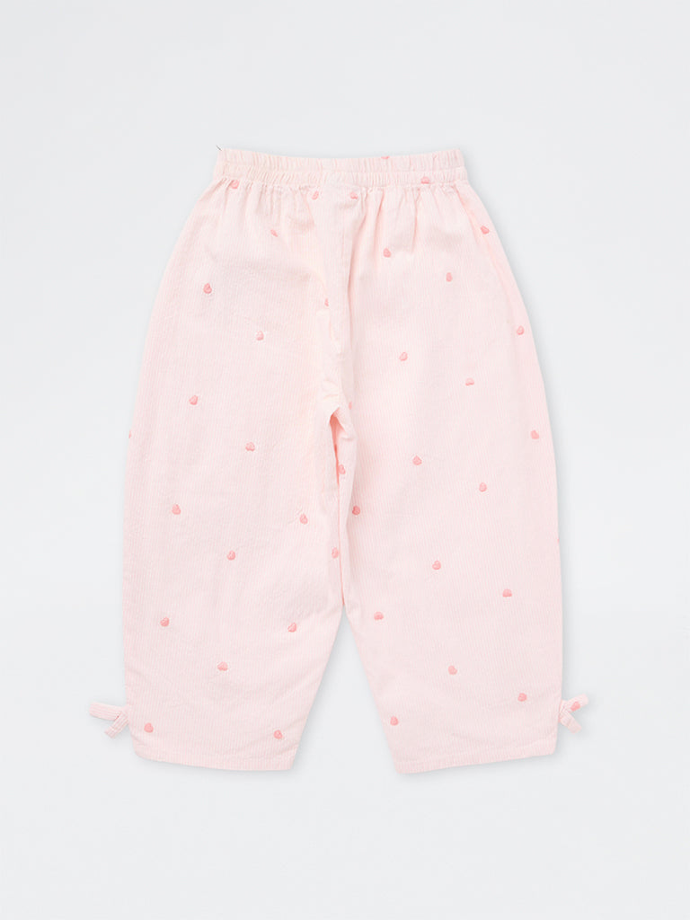 HOP Kids Girls Pink Heart Embroidered High-Rise Cotton Pants