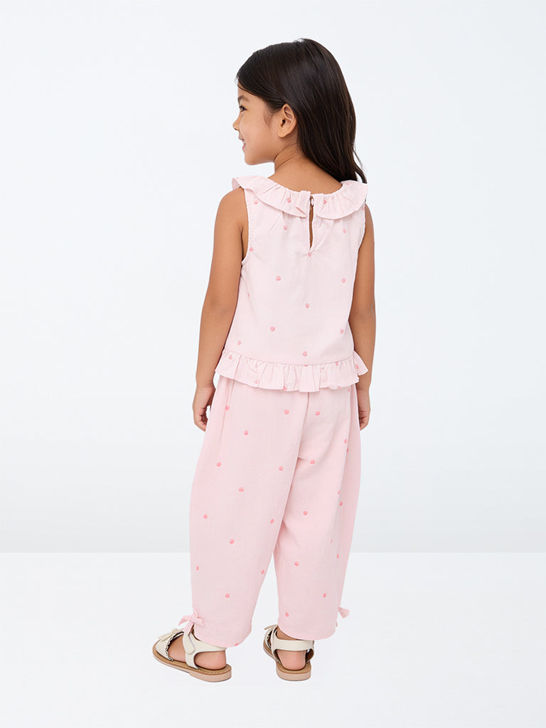 HOP Kids Girls Pink Heart Embroidered High-Rise Cotton Pants