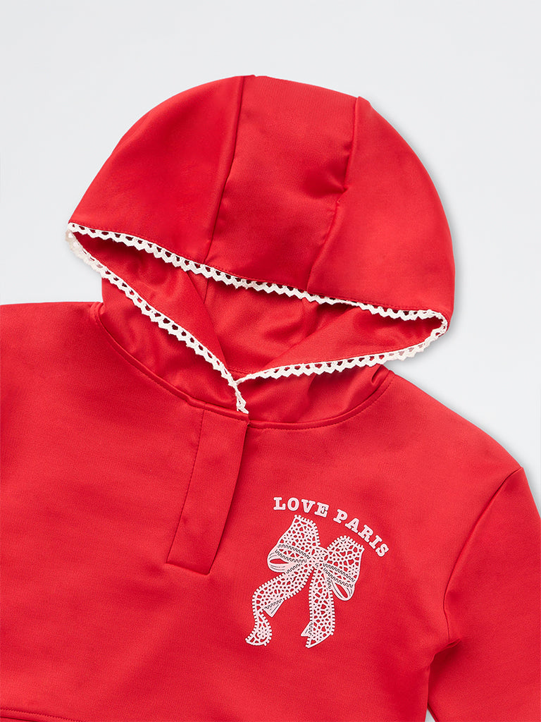 HOP Kids Girls Red Printed Hooded Sweatshirt