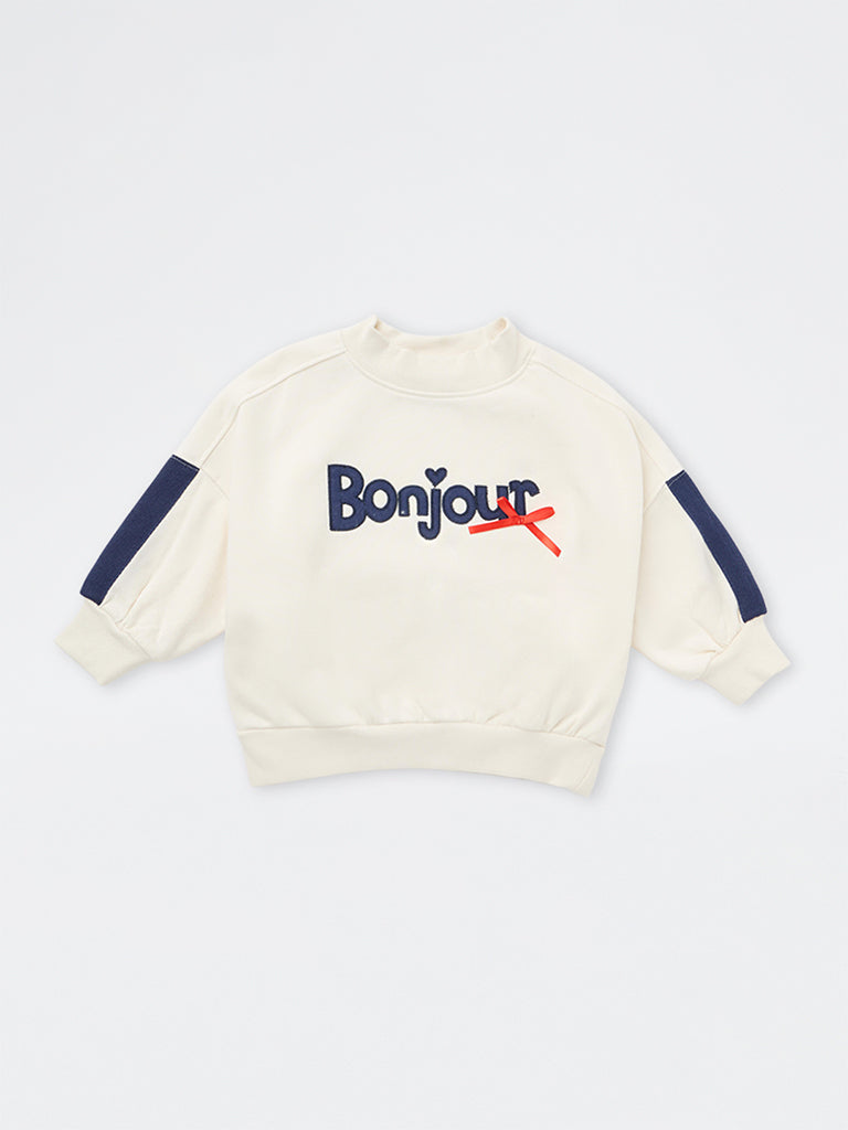 HOP Kids Girls Off-White Text Embroidered Cotton-Blend Sweatshirt