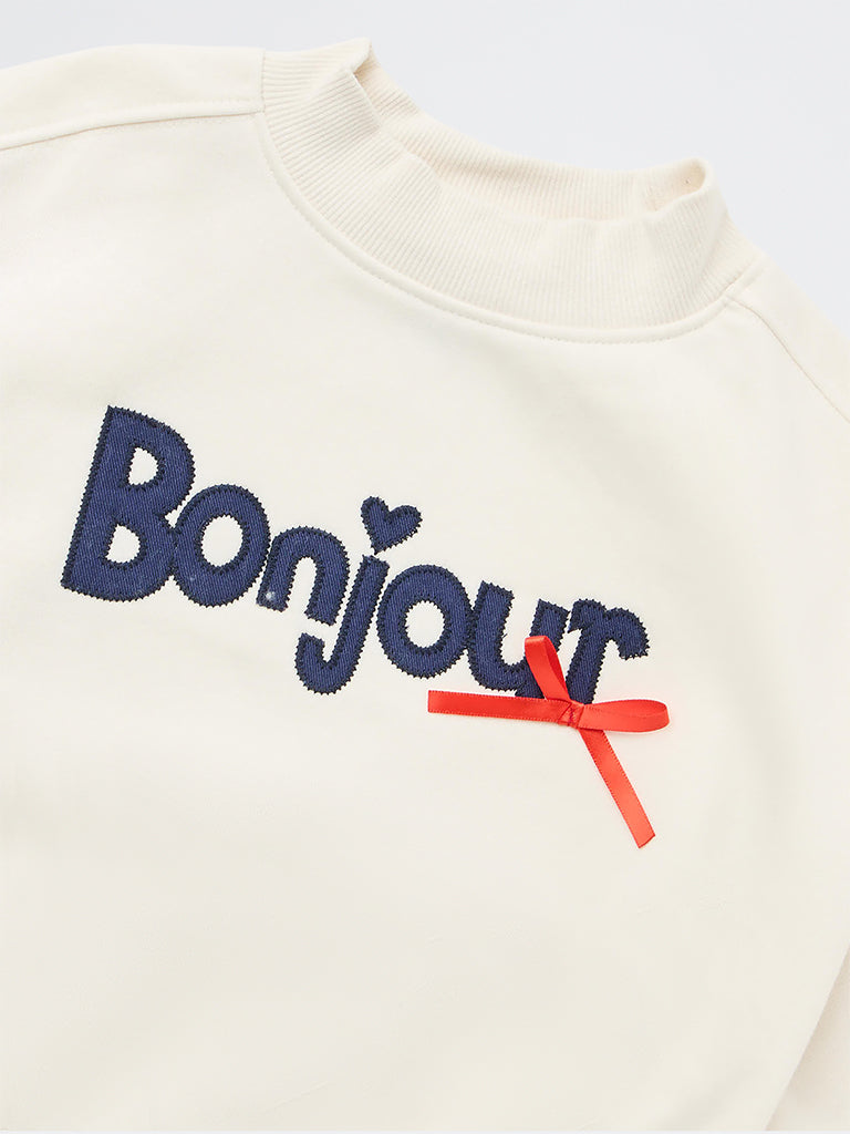 HOP Kids Girls Off-White Text Embroidered Cotton-Blend Sweatshirt