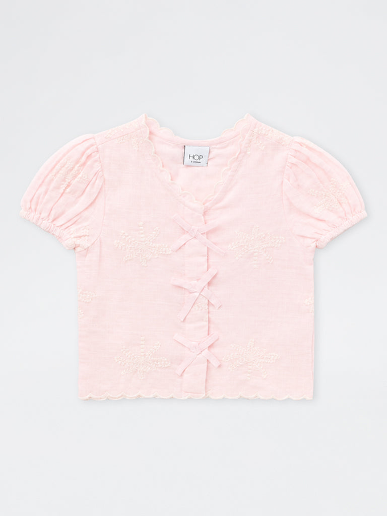 HOP Kids Girls Light Pink Tropical Embroidered Cotton Top