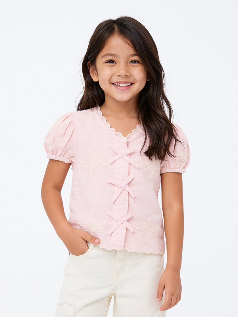 HOP Kids Girls Light Pink Tropical Embroidered Cotton Top