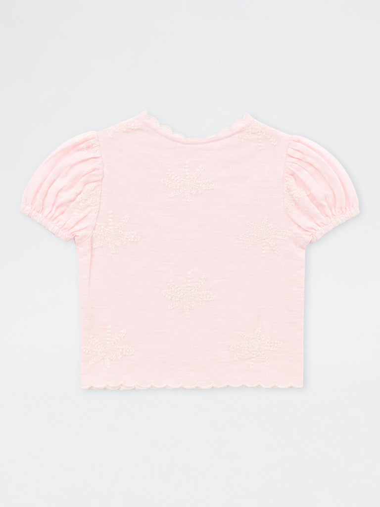 HOP Kids Girls Light Pink Tropical Embroidered Cotton Top