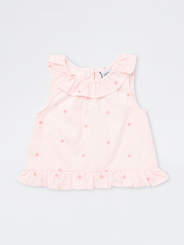 HOP Kids Girls Pink Embroidered Cotton Top