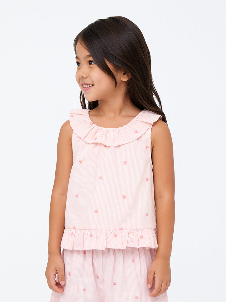 HOP Kids Girls Pink Embroidered Cotton Top