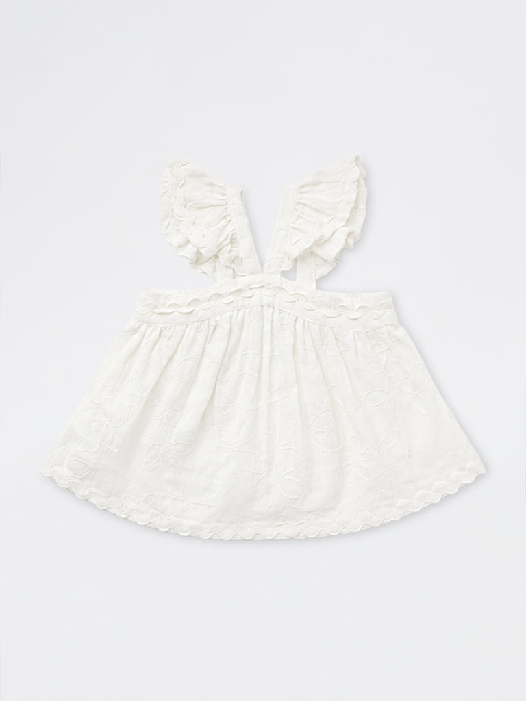 HOP Kids Girls Off-White Floral Embroidered Ruffled Cotton Top