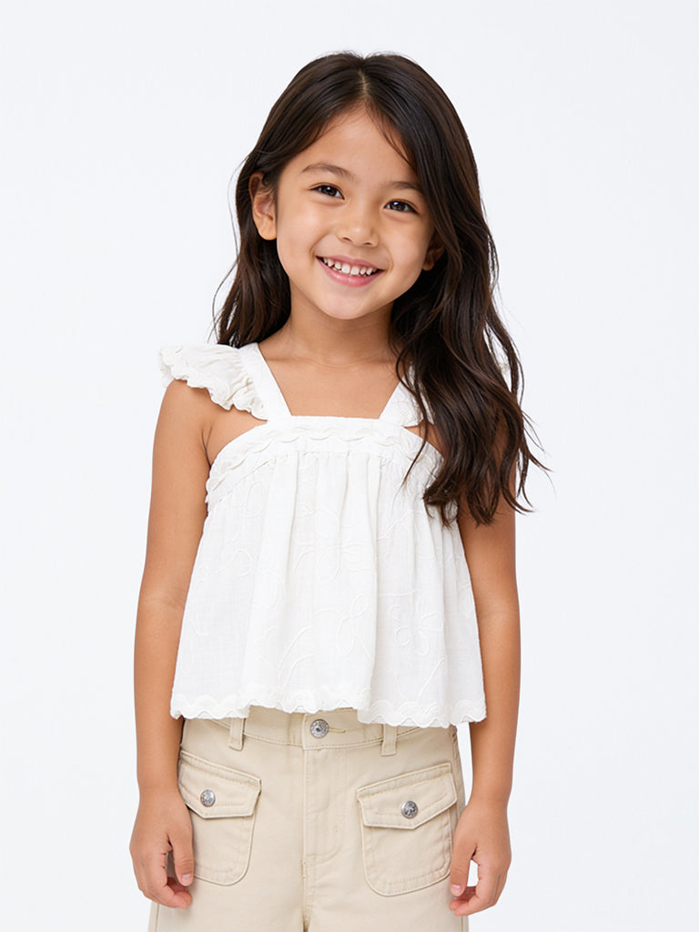HOP Kids Girls Off-White Floral Embroidered Ruffled Cotton Top