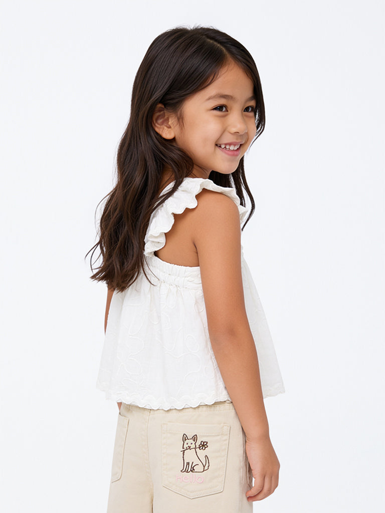 HOP Kids Girls Off-White Floral Embroidered Ruffled Cotton Top