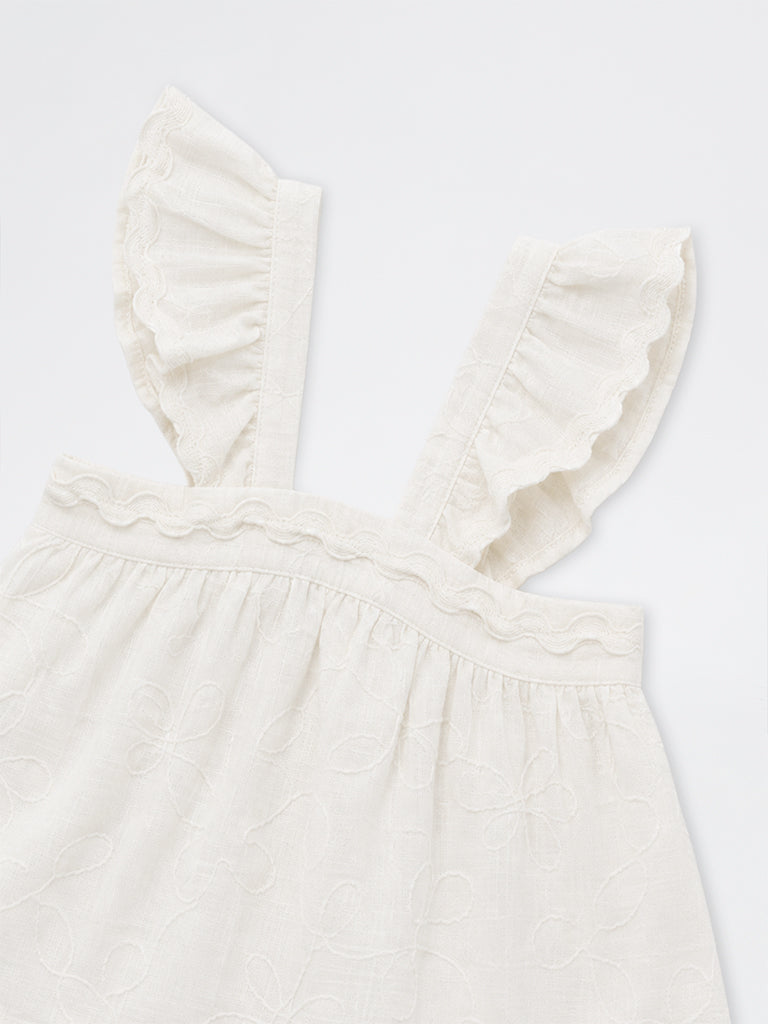 HOP Kids Girls Off-White Floral Embroidered Ruffled Cotton Top