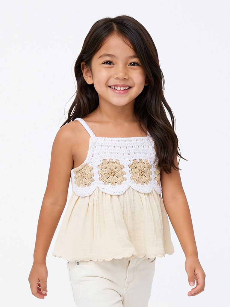 HOP Kids Girls Cream Crochet-Detail Cotton Top