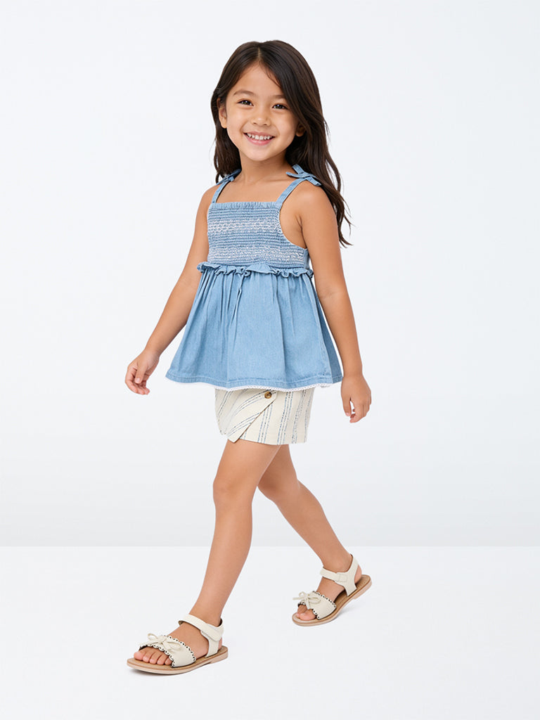 HOP Kids Girls Blue Smocked Peplum Denim Top
