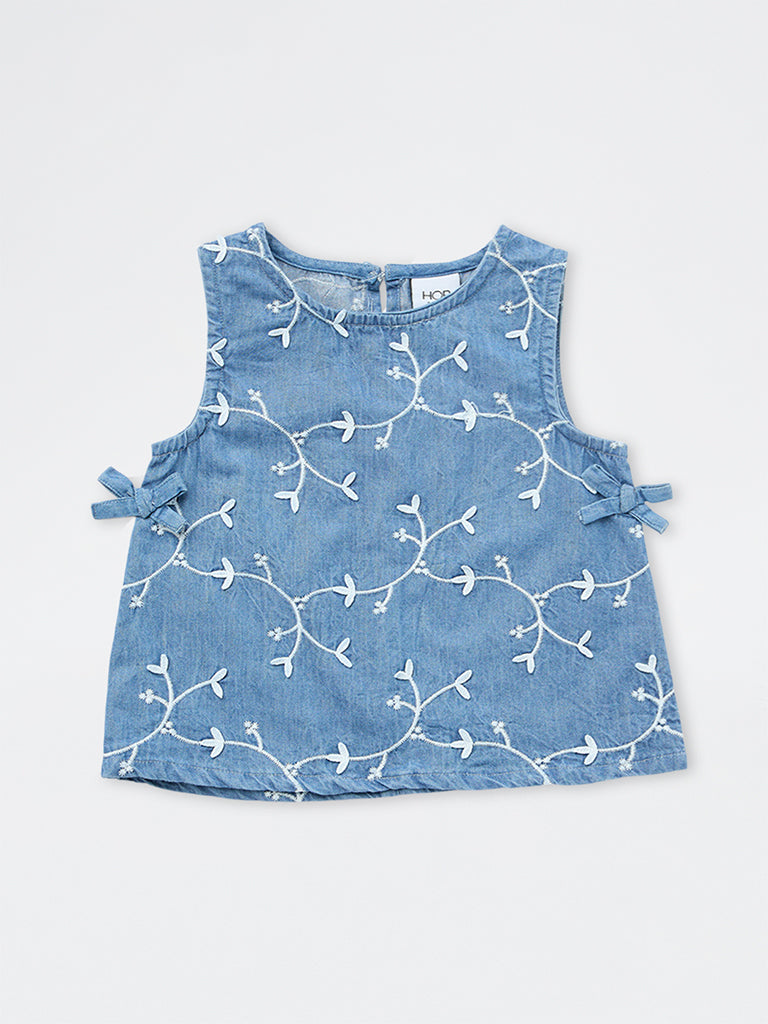 HOP Kids Girls Blue Floral Embroidered Denim Top