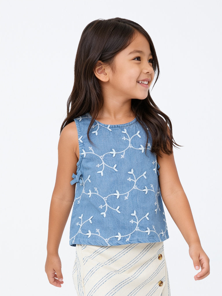 HOP Kids Girls Blue Floral Embroidered Denim Top