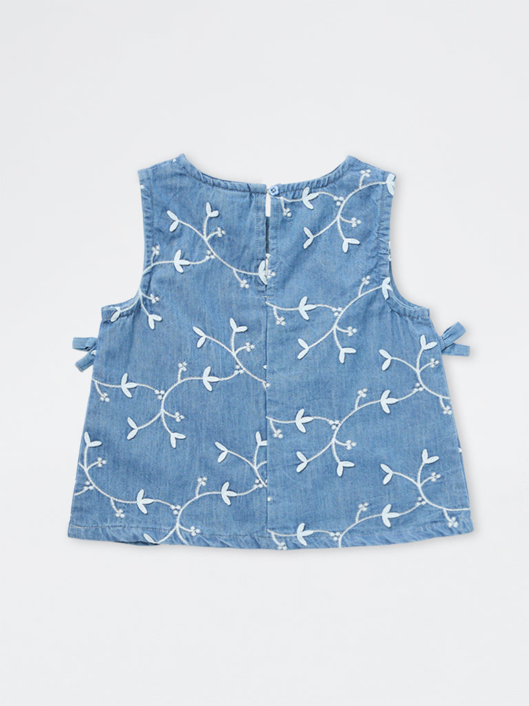 HOP Kids Girls Blue Floral Embroidered Denim Top