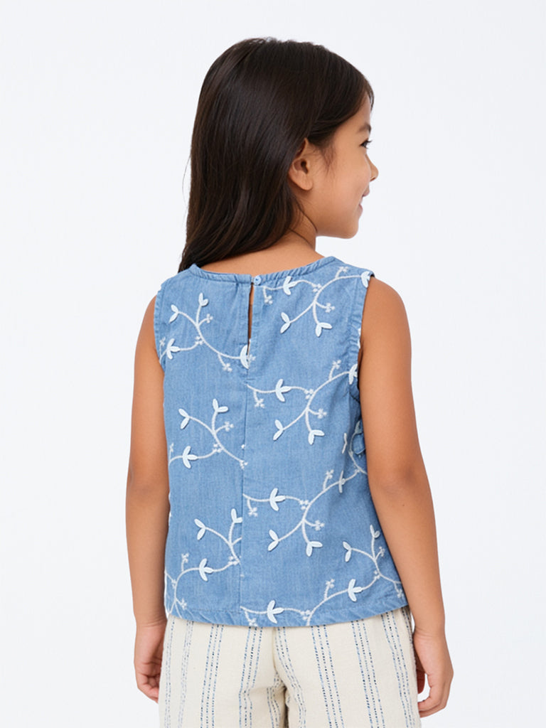 HOP Kids Girls Blue Floral Embroidered Denim Top