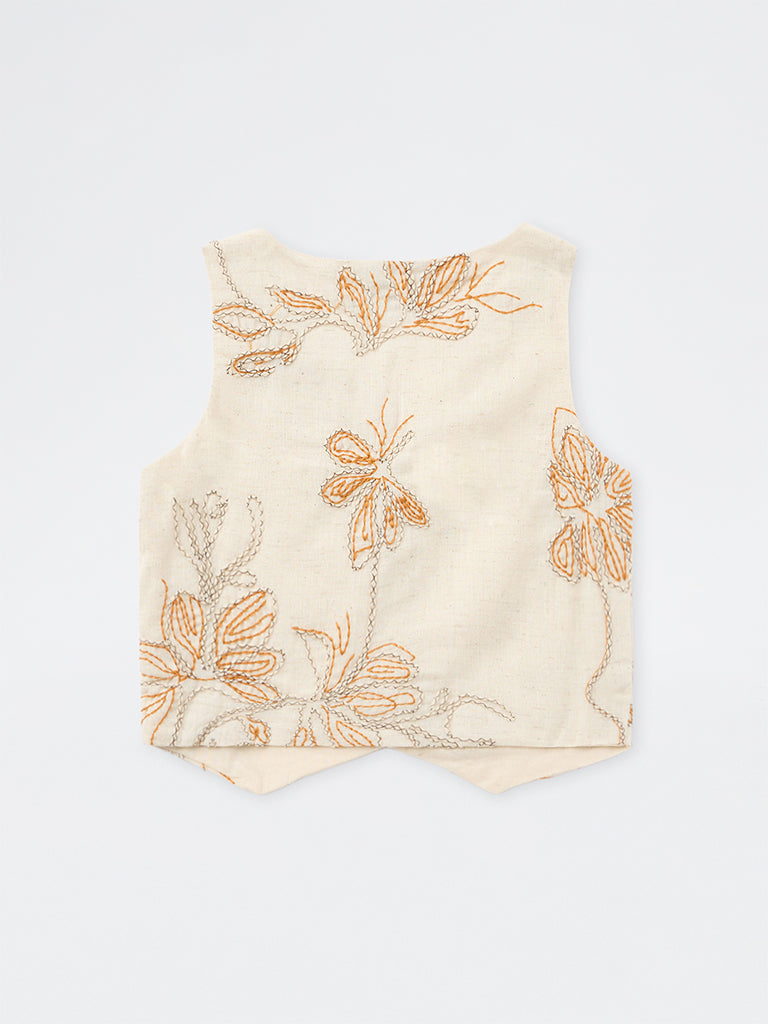 HOP Kids Girls Light Beige Floral Embroidered Cotton-Blend Waistcoat