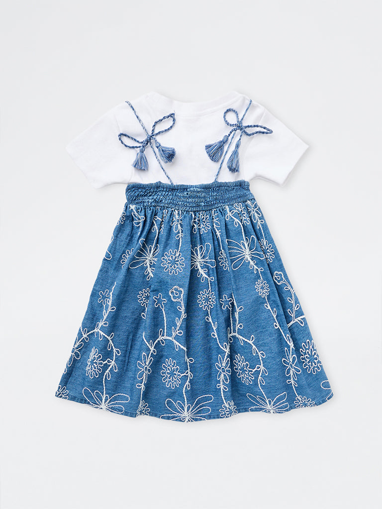 HOP Kids Girls Blue Floral Embroidered Denim Dress with T-Shirt Set