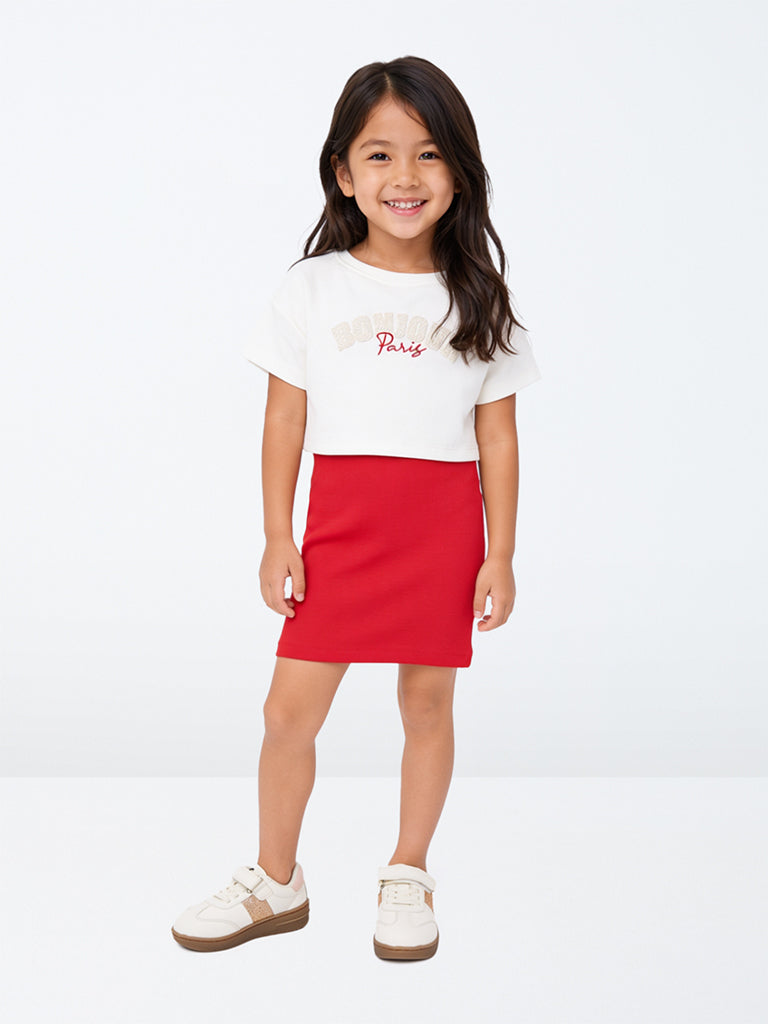 HOP Kids Girls Red Solid Straight Cotton-Blend Dress with T-Shirt Set