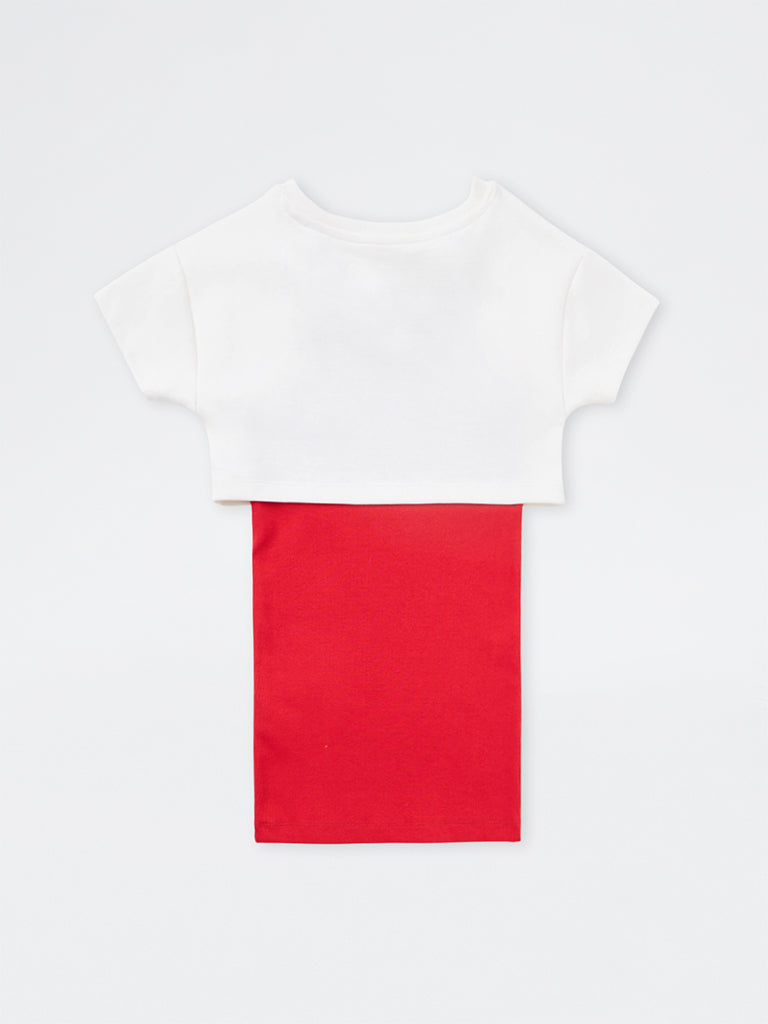 HOP Kids Girls Red Solid Straight Cotton-Blend Dress with T-Shirt Set