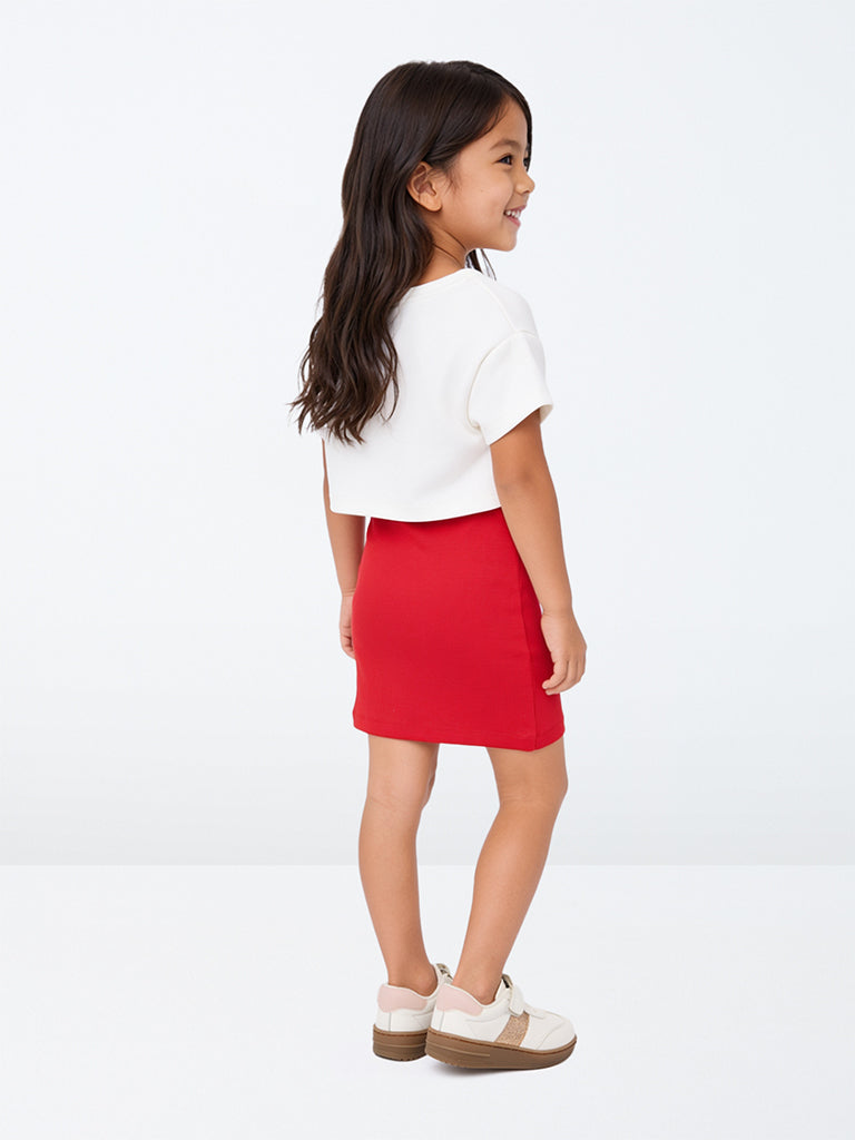 HOP Kids Girls Red Solid Straight Cotton-Blend Dress with T-Shirt Set