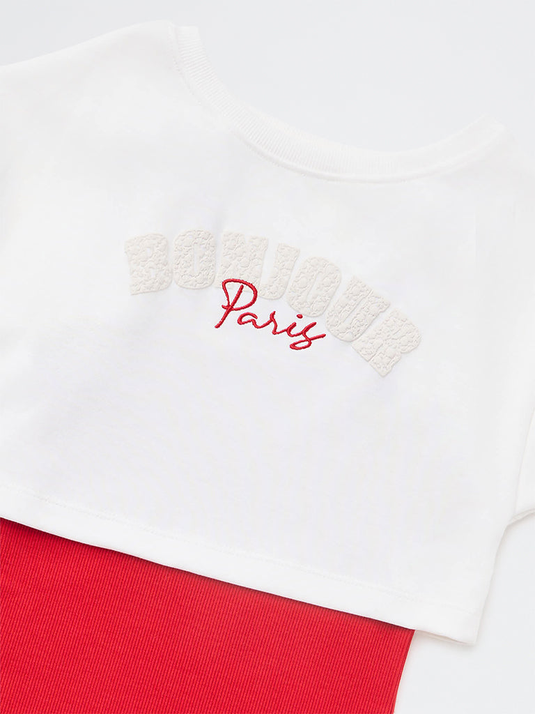 HOP Kids Girls Red Solid Straight Cotton-Blend Dress with T-Shirt Set
