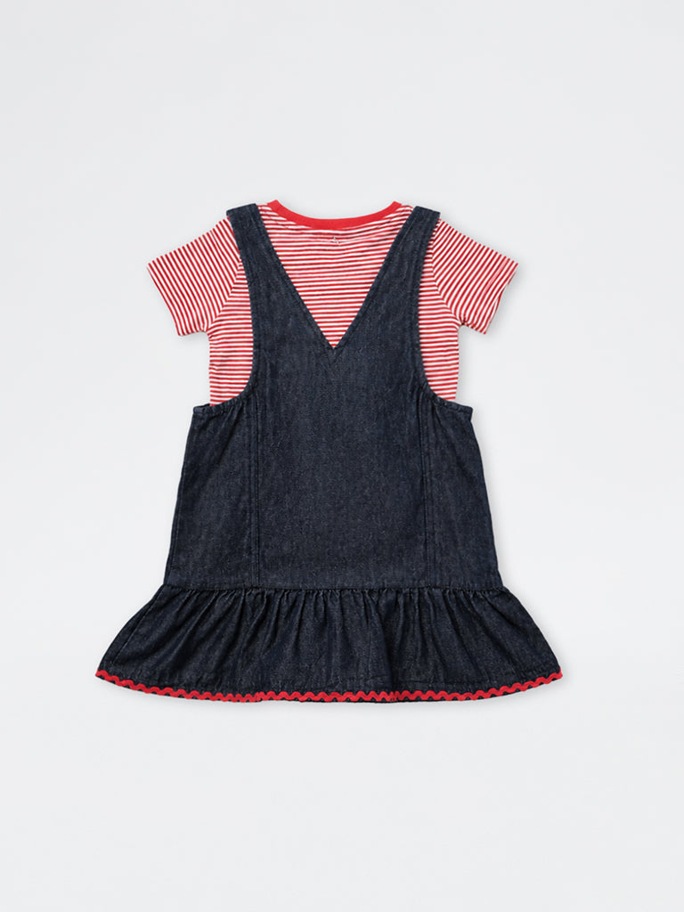 HOP Kids Girls Dark Blue Embellished Denim Pinafore and Striped T-Shirt Set