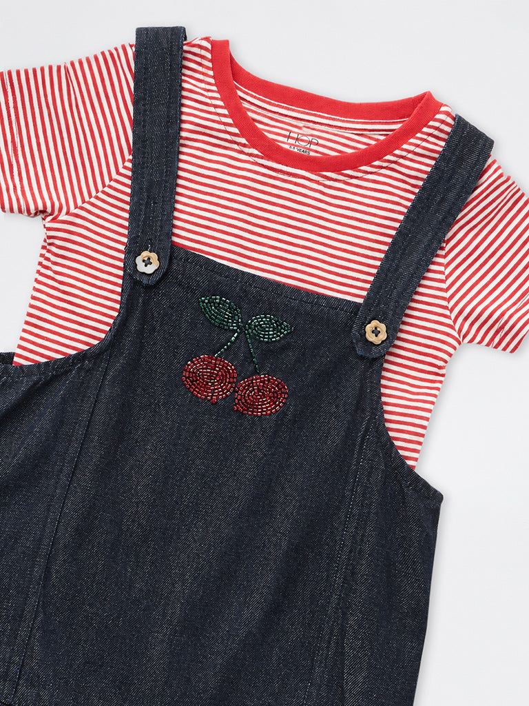HOP Kids Girls Dark Blue Embellished Denim Pinafore and Striped T-Shirt Set