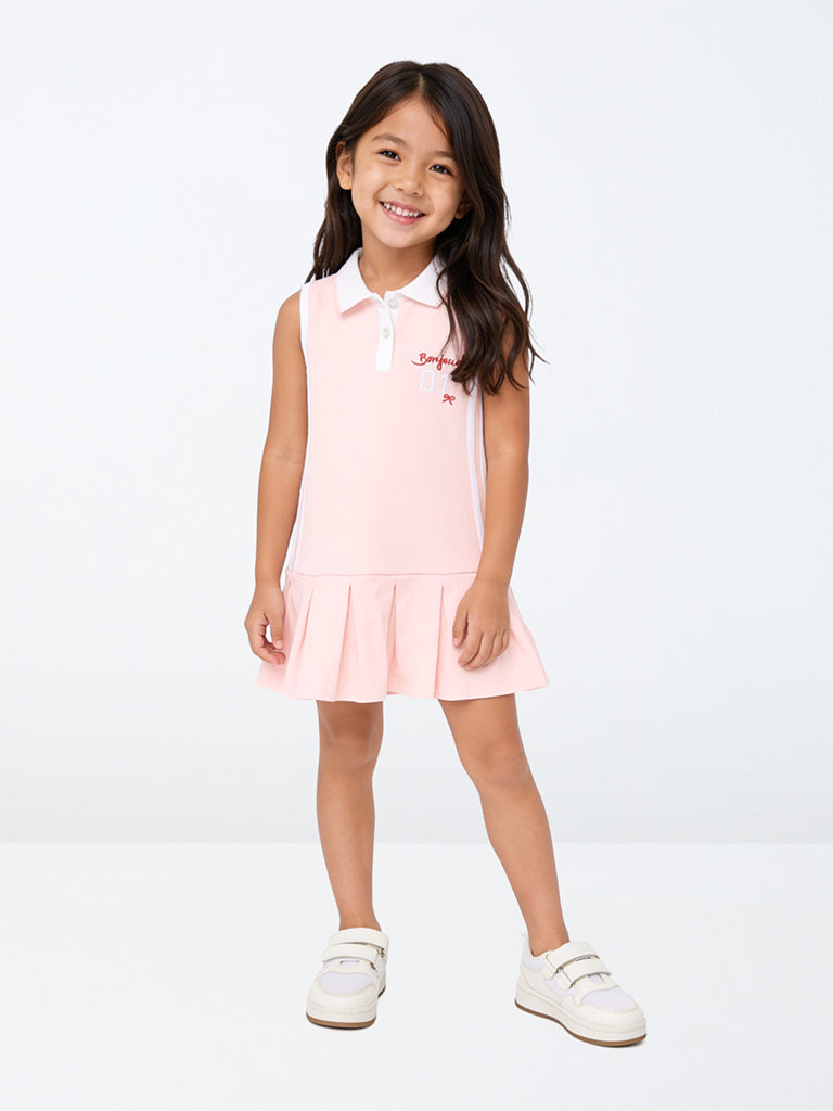 HOP Kids Girls Pink Embroidered Cotton Tennis Dress
