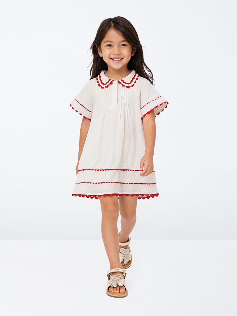 HOP Kids Girls Off-White Scallop-Detail Cotton A-Line Dress