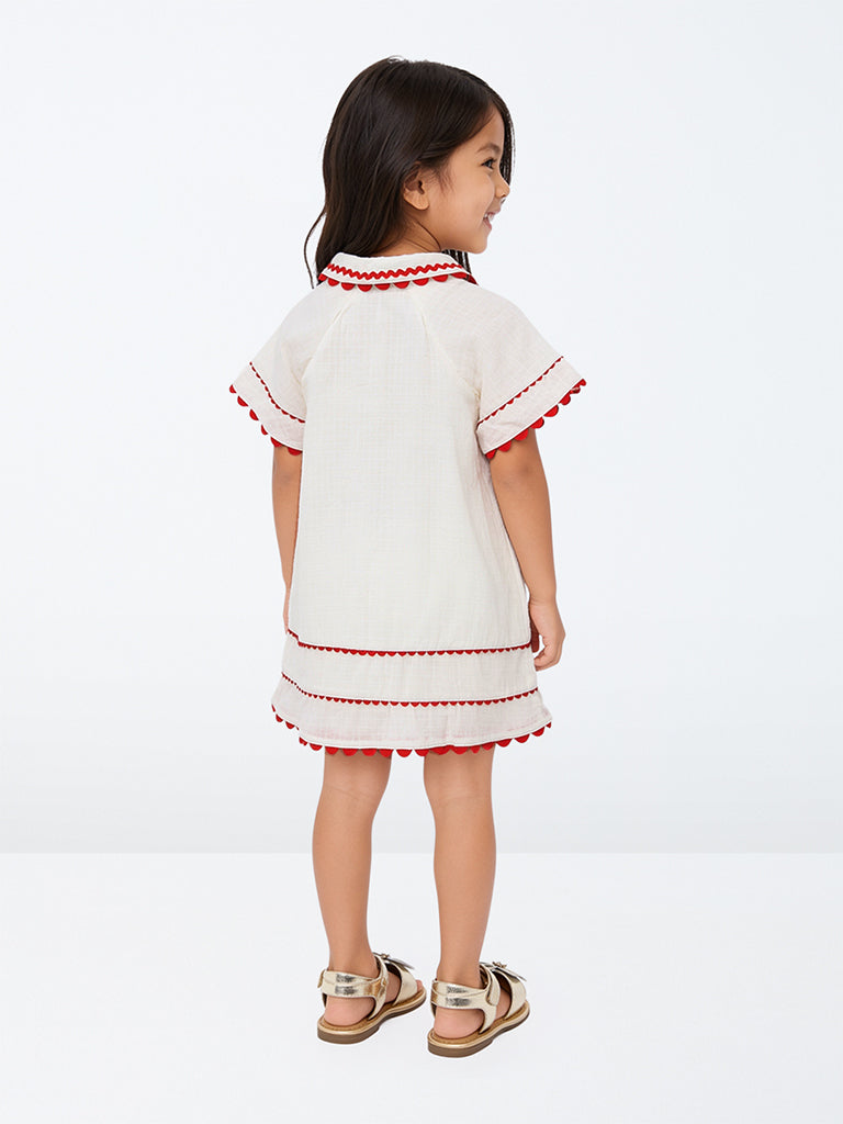 HOP Kids Girls Off-White Scallop-Detail Cotton A-Line Dress