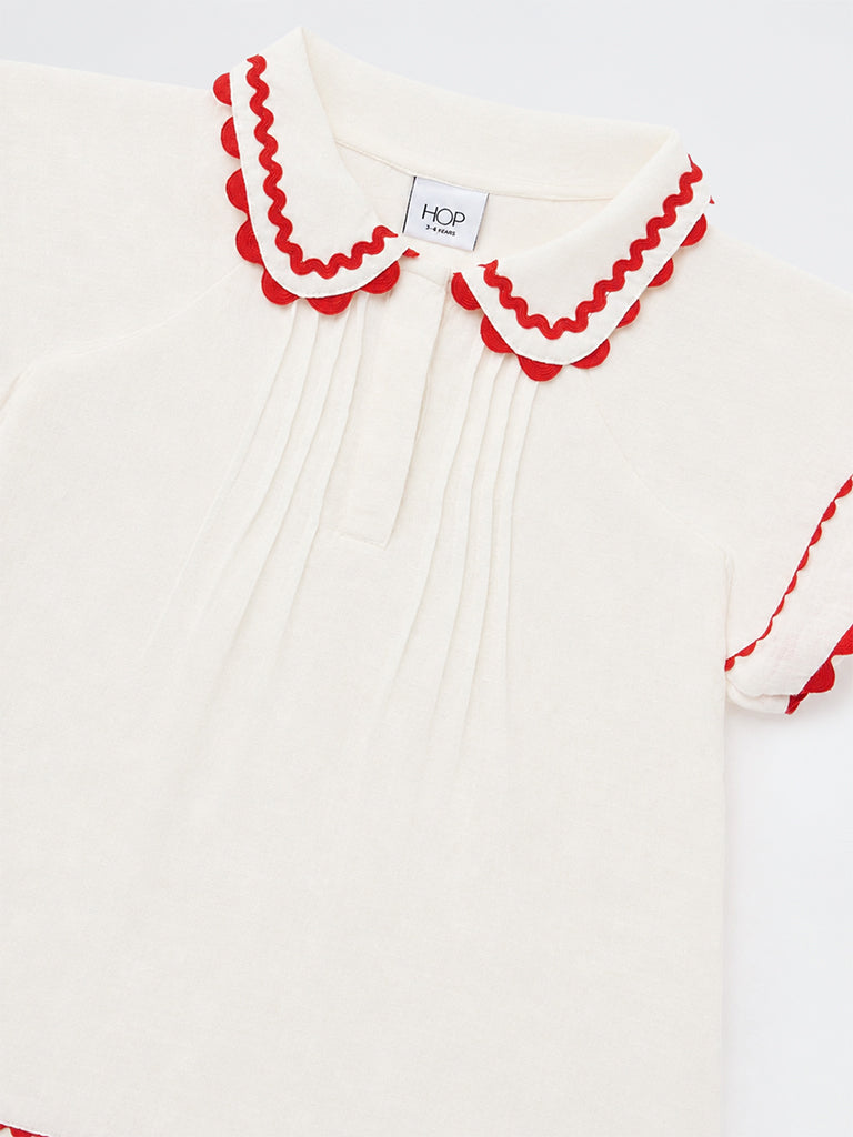 HOP Kids Girls Off-White Scallop-Detail Cotton A-Line Dress