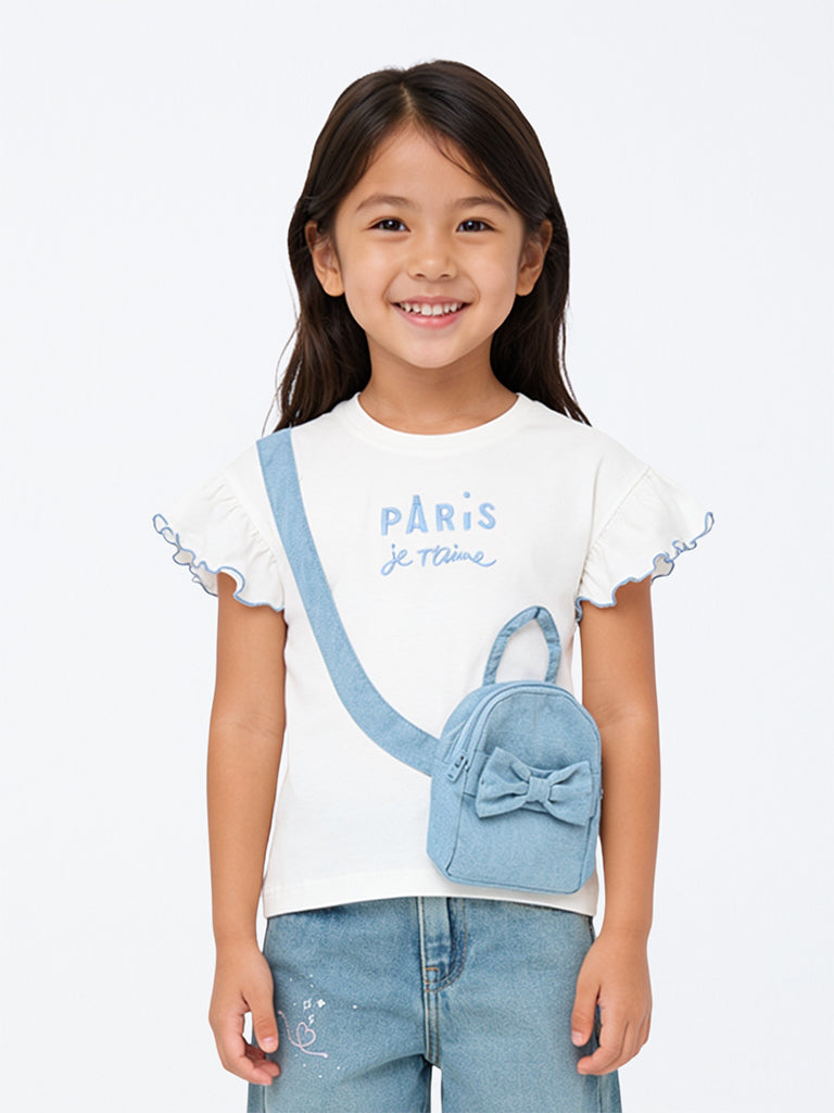 HOP Kids Girls Off-White Text Embroidered Sling-Bag Style Cotton Top