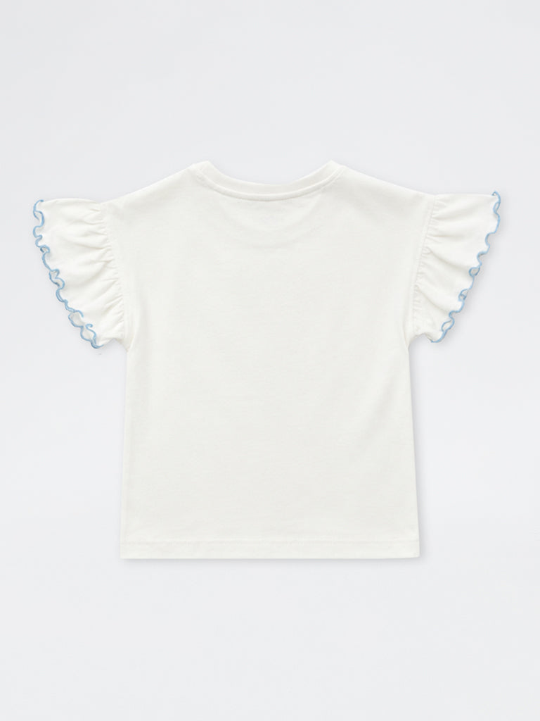 HOP Kids Girls Off-White Text Embroidered Sling-Bag Style Cotton Top