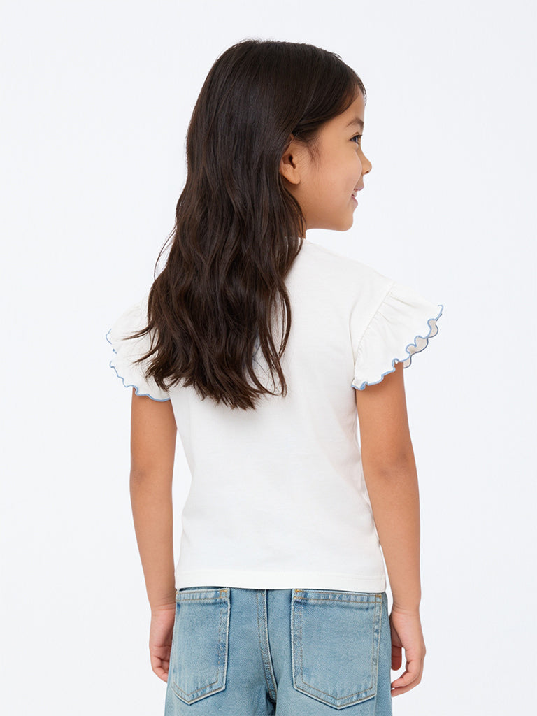 HOP Kids Girls Off-White Text Embroidered Sling-Bag Style Cotton Top
