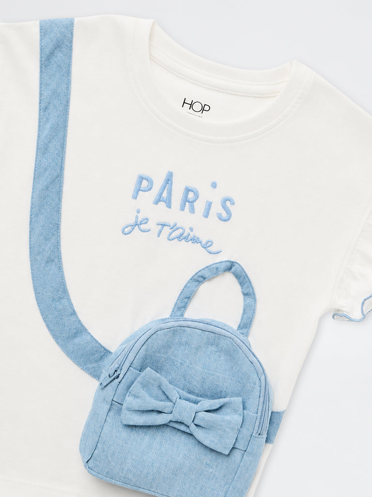 HOP Kids Girls Off-White Text Embroidered Sling-Bag Style Cotton Top
