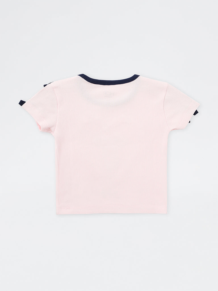 HOP Kids Girls Pink Bow-Detailed Ribbed Cotton-Blend T-Shirt