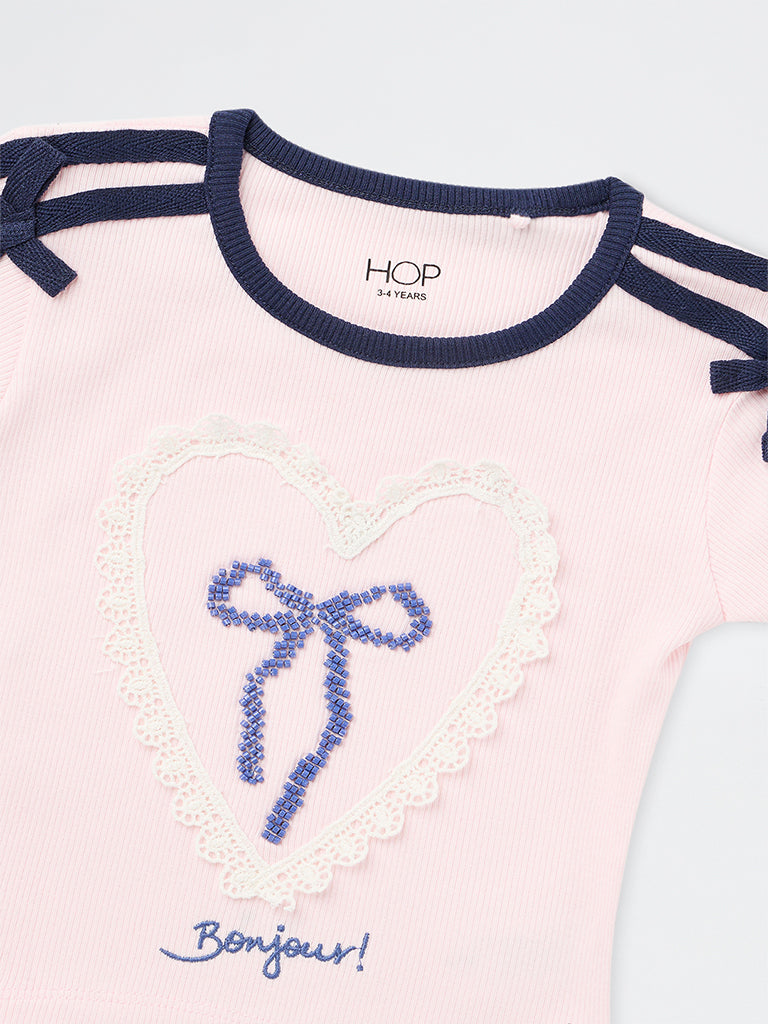 HOP Kids Girls Pink Bow-Detailed Ribbed Cotton-Blend T-Shirt