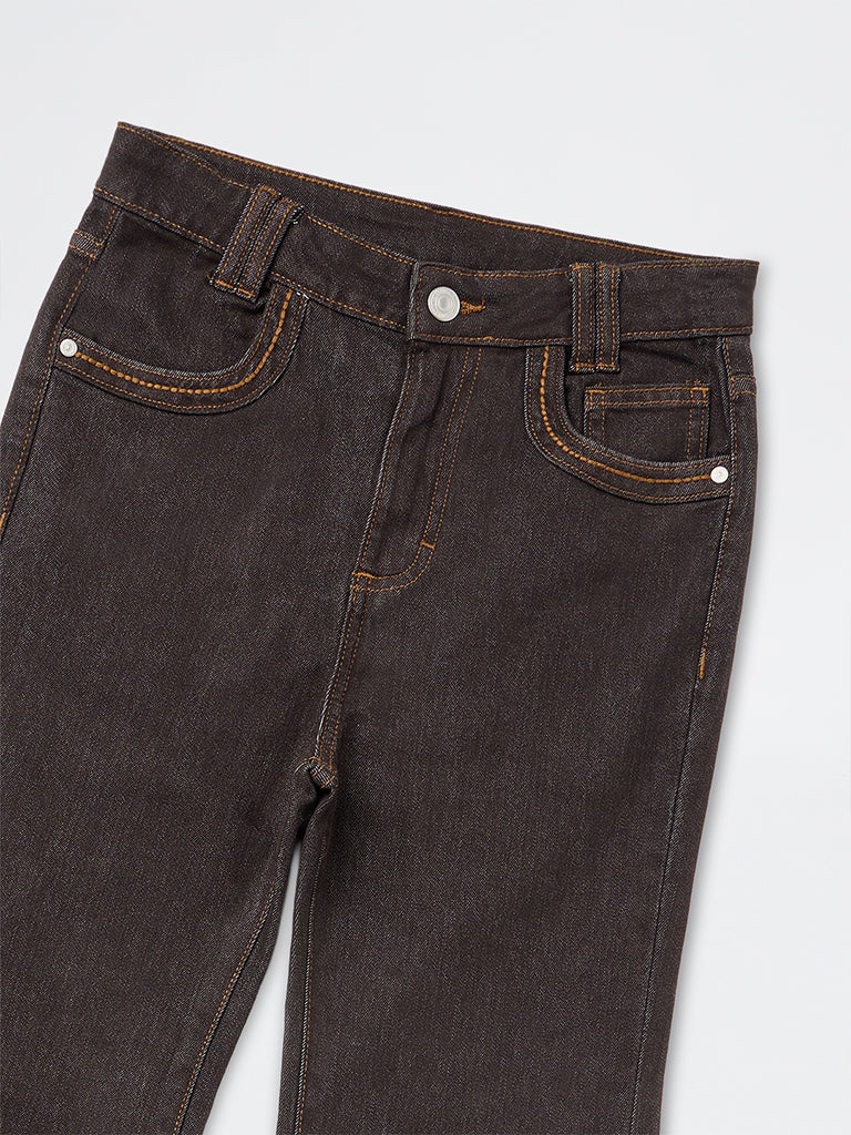 Girls Dark Brown High-Rise Bootcut Jeans