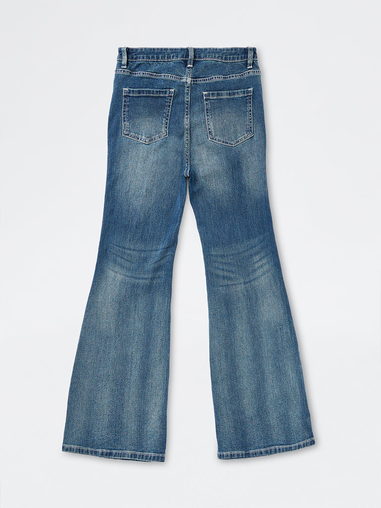 Girls Dark Blue Washed High-Rise Bootcut Jeans