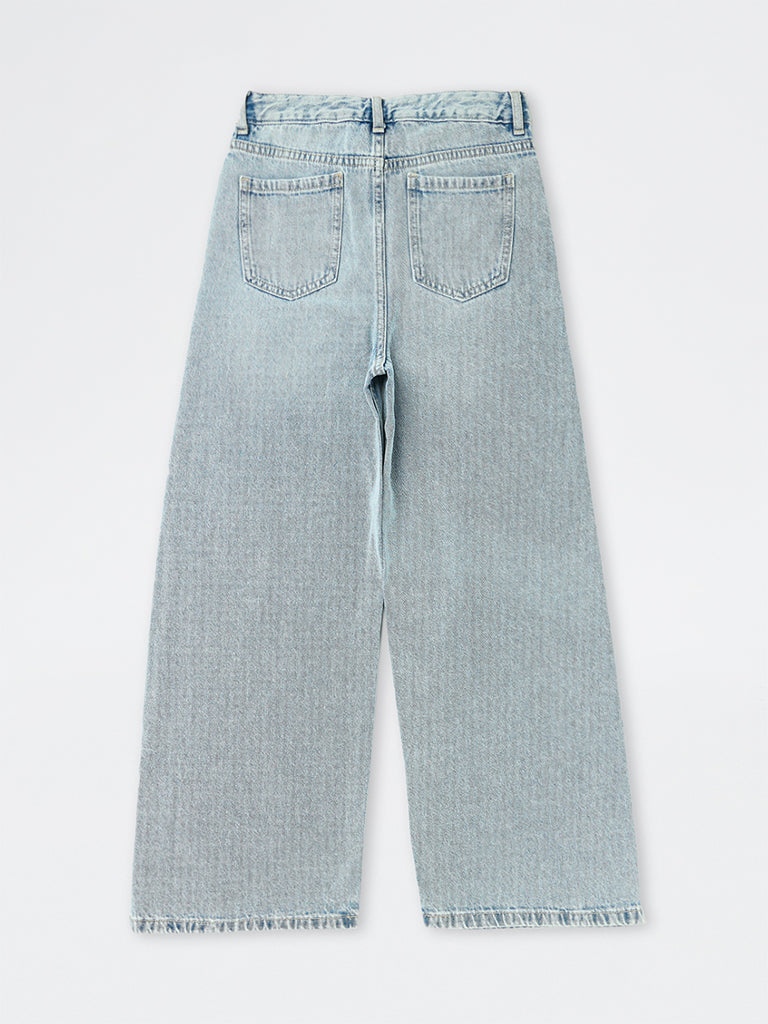Girls Light Blue Embellished High-Waist Relaxed Fit Jeans